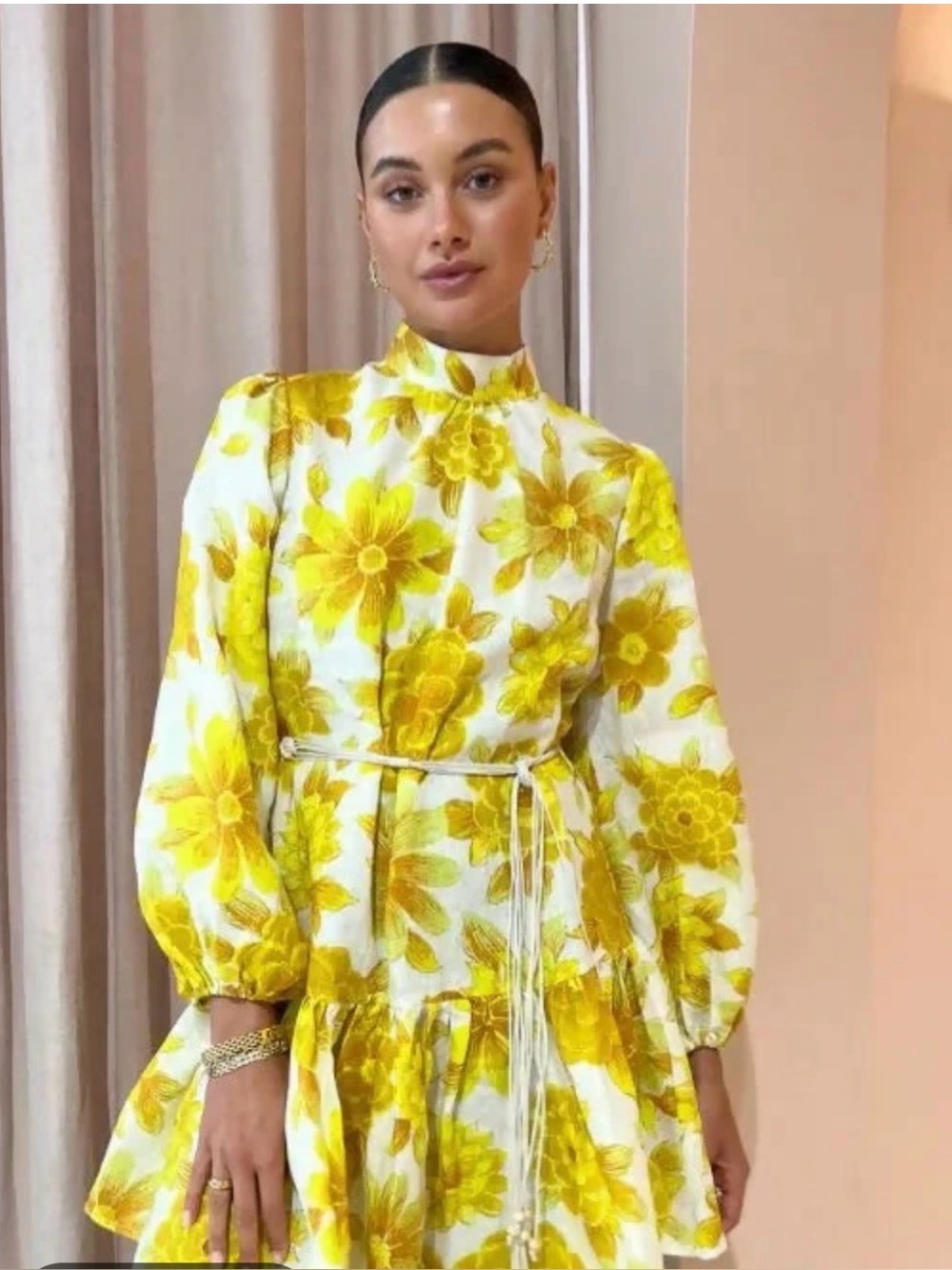 Alemais Yellow Floral Long-Sleeve Mini Dress with Tie